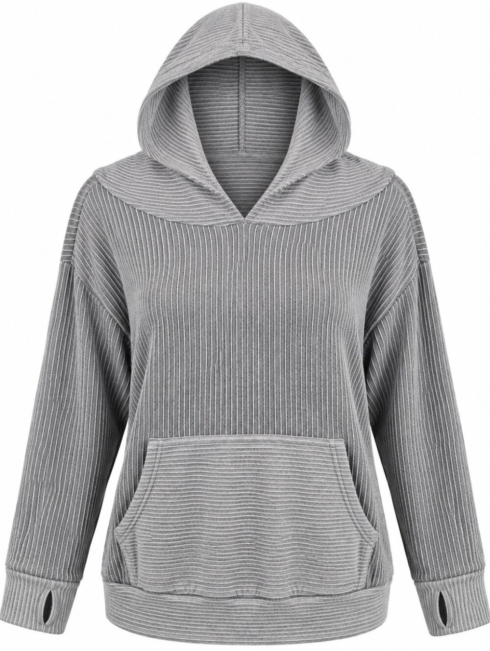 GRACE & LACE | Cozy Soft Girl Gray Ribbed Kangaroo Pocket Pullover Hoodie | XL